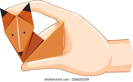 Human hand holding fox origami isolated illustration