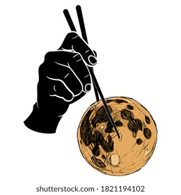Human hand holding full moon with two chopsticks. Creative concept.
