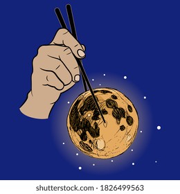Human hand holding full moon with chopsticks. Creative environmental concept. 
