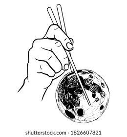Mano humana sosteniendo palillos de luna llena. Concepto ambiental creativo. Silueta blanca y negra.