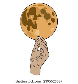 Human hand holding full moon. Creative lunar design. Isolated vector illustration.