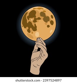 Menschliche Hand, die Vollmond hält. Kreatives Monddesign. Auf schwarzem Hintergrund.