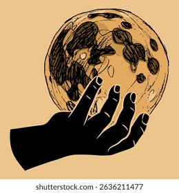 Human hand holding full moon. Monochrome black and brown silhouette.