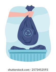 Human Hand Holding Garbage Bag for Litter into Trash Can for Waste Sorting and Recycle Concept Illustration