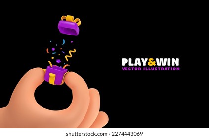 Human hand holding gift box with explosion confetti vector cartoon  illustration. Arm giving open gift box on dark background. Win prize web banner template
