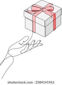 Human hand holding gift box continuous line drawing. One line art surprise. Birthday symbol drawn by single line. Vector illustration.