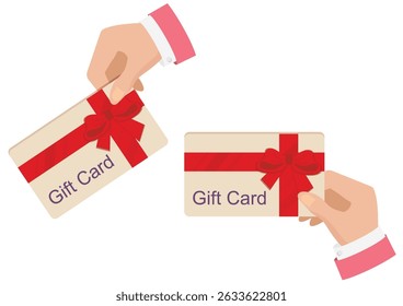 Human hand holding a gift card with ribbon isolated on white background.The timeless tradition of giving, birthday, holiday or a simple thank you, vector illustration. 