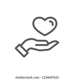 Human hand holding or giving heart thin line icon with editable stroke - vector illustration of pixel perfect outline symbol for valentine day or healthcare and charity concept.