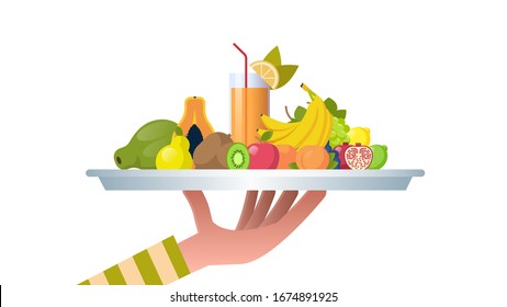 human hand holding glass with orange fruit juice healthy juicy vitamin drink sweet tropical fruits composition in white plate vegan food concept horizontal vector illustration