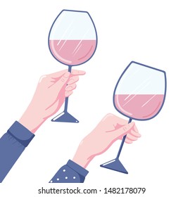 Human hand holding glass of red wine, two variants, flat style vector illustration isolated on white background. Two human hands holding glass of red wine