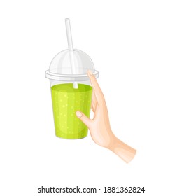 Human Hand Holding Glass with Sparkling Water or Lemonade Vector Illustration
