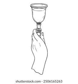 Human hand holding glass of wine line vector illustration in monochrome black and white. Simple human wrist with goblet line ink sketch for drinks and beverages design