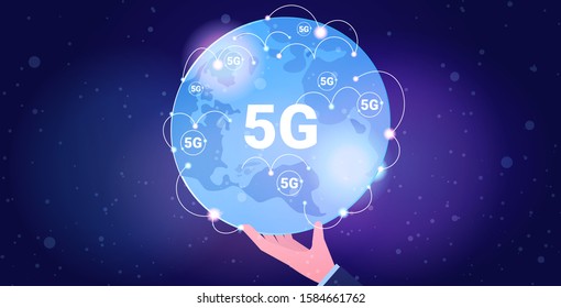 human hand holding globe 5G online communication global network wireless systems connection concept fifth innovative generation of high speed internet world map horizontal vector illustration