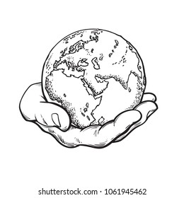 Human hand holding globe. Earth in man's palm. Save planet idea. Travel icon. Power over the world concept. Hand drawn sketch style vector illustration isolated on white background.