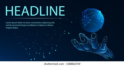 Human hand holding globe. Low poly vector illustration. 3D. Headline