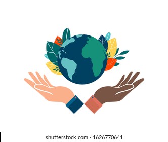 Human hand holding the globe is a symbol of concern for the environment. Vector illustration of Happy Earth Day. April 22nd.