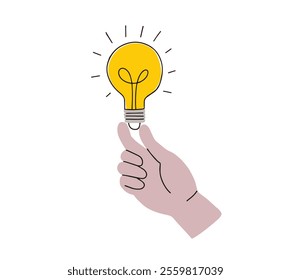 Human hand holding glowing light bulb. Hand drawn doodle icon, sketch. Innovation, idea, new solution. Isolated vector illustration. Light, electricity, imagination concept. Brainstorming graphic sign