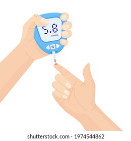 Human hand holding glucometer. Blood test with finger. Checking blood sugar level at home and test stripe. Diabetes concept with glucose monitor. Control and diagnostics Insulin problem self control