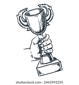 Mano humana sosteniendo la copa de campeón de oro. Vector dibujado a mano ilustración de boceto. Icono de doodle de premio de la competencia de premios, aislado sobre fondo blanco. Éxito, liderazgo, concepto ganador