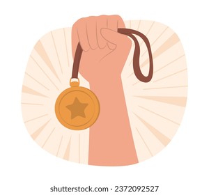 Human Hand Holding a Gold Medal for Winning Prize Concept Illustration