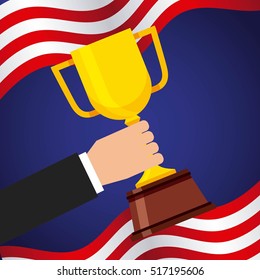 human hand holding a gold trophy over usa flag. colorful design. vector illustration