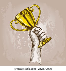 Human Hand Holding Golden Champion Cup Trophy Sketch Vector Illustration