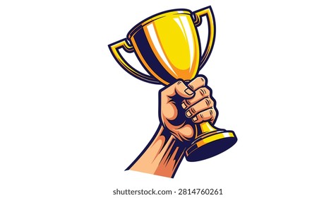 Human hand holding golden trophy cup as symbol of success and victory in pixel art style