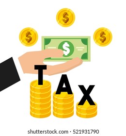human hand holding a green bill and gold coins around over white background. tax time design. vector illustration