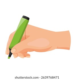 Human hand holding a green highlighter marker in writing position, cartoon style, isolated on white background. Concept of drawing or marking. Vector illustration
