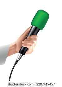 Human hand holding green professional microphone realistic vector illustration