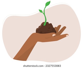 Human hand holding green seedling, plant natural tree. Protecting the environment for the world. Vector flat illustration