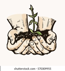 Human hand holding a green sprout. Care and environmental development. Ecology concept. Vector illustration flat design. 