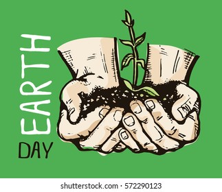 Human hand holding a green sprout. Care and environmental development. Ecology concept. Vector illustration flat design. Earth day