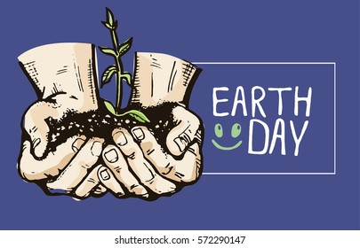 Human hand holding a green sprout. Care and environmental development. Ecology concept. Vector illustration flat design. Earth day