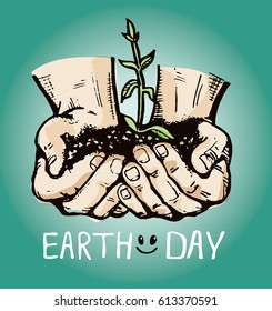 Human hand holding a green sprout. Care and environmental development. Ecology concept. Vector illustration flat design. Earth day