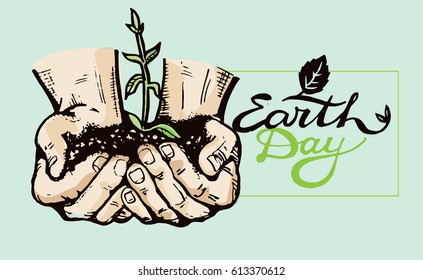 Human hand holding a green sprout. Care and environmental development. Ecology concept. Vector illustration flat design. Earth day