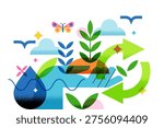 Human hand holding growing plants, water drop, recycling symbol. Vector flat geometric illustration of environmental protection. Abstract concept for eco sustainability, green energy and nature care