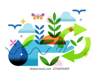 Human hand holding growing plants, water drop, recycling symbol. Vector flat geometric illustration of environmental protection. Abstract concept for eco sustainability, green energy and nature care