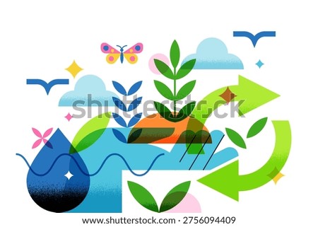 Human hand holding growing plants, water drop, recycling symbol. Vector flat geometric illustration of environmental protection. Abstract concept for eco sustainability, green energy and nature care