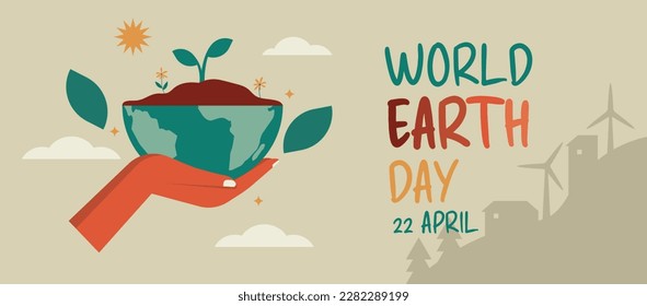 human hand holding half globe with growing plant on nature background for banner, concept eco environment world earth day, flat vector illustration design