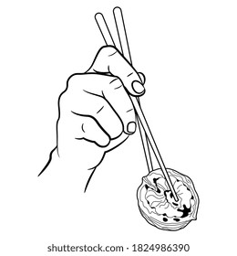 Human hand holding half of walnut with chopsticks. Cartoon style. Black and white linear silhouette.