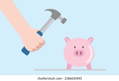 Human hand holding hammer above piggy bank banner vector illustration. Crashing piggy bank concept, needing money, spending savings, man about to crash piggy bank.