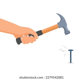 Human hand holding hammer hammering in a nail