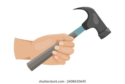 Human hand holding a hammer tool on white background in flat style. Vector illustration