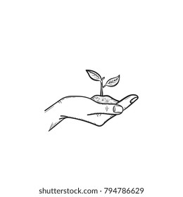 Human hand holding handful of soil with young sprout hand drawn vector outline doodle icon. Hand with sprout sketch illustration for print, web, mobile and infographics isolated on white background.