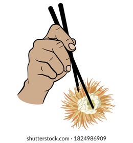 Human hand holding head of cereus cactus with chopsticks. Creative concept for exotic vegetarian food.