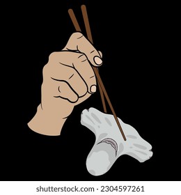 Human hand holding a head of hammerhead shark with chopsticks. Creative seafood design. On black background.