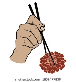Human hand holding head of marigold flower with chopsticks. Creative concept for healthy vegetarian food.