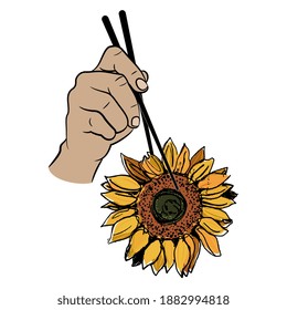 Human hand holding head of sunflower blossom with chopsticks. Creative concept for healthy vegetarian food.