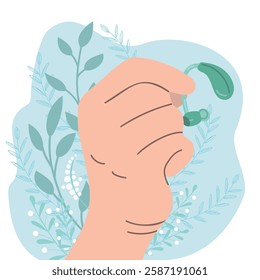 Human hand holding hearing aid. Hear impairment and deaf community concept. Flat vector illustration